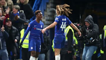 LONDON, ENGLAND - JANUARY 27: Callum Hudson-Odoi of Chelsea celebrates after scoring his team's second goal with Ethan Ampadu of Chelsea during the FA Cup Fourth Round match between Chelsea and Sheffield Wednesday at Stamford Bridge on January 27, 2019 in London, United Kingdom. (Photo by Clive Rose/Getty Images)
