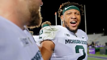 Sep 3, 2021; Evanston, Illinois, USA; Michigan State Spartans defensive end Drew Jordan (2) reacts after the game against the Northwestern Wildcats at Ryan Field. Mandatory Credit: Jon Durr-USA TODAY Sports