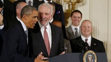 Jan 12, 2015; Washington, DC, USA; San Antonio Spurs head coach Gregg Popovich (right) and President Barack Obama (left) joke during a ceremony honoring the NBA Champion Spurs in the East Room at The White House. Mandatory Credit: Geoff Burke-USA TODAY Sports