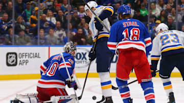 ST. LOUIS, MO - MARCH 17: Alexandar Georgiev #40 of the New York Rangers makes a save against Vince Dunn #29 of the St. Louis Blues at the Scottrade Center on March 17, 2018 in St. Louis, Missouri. (Photo by Dilip Vishwanat/Getty Images)
