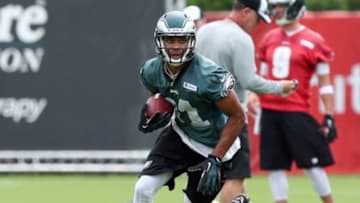 Jul 26, 2014; Philadelphia, PA, USA; Philadelphia Eagles wide receiver Jordan Matthews (81) runs drills during training camp at the Novacare Complex. Mandatory Credit: Bill Streicher-USA TODAY Sports