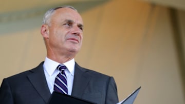 COOPERSTOWN, NY - JULY 21: Commissioner of Baseball Robert D. Manfred Jr. looks on during the 2019 Hall of Fame Induction Ceremony at the National Baseball Hall of Fame on Sunday July 21, 2019 in Cooperstown, New York. (Photo by Alex Trautwig/MLB Photos via Getty Images)