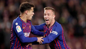 BARCELONA, SPAIN - JANUARY 30: (L-R) Philippe Coutinho of FC Barcelona, Arthur Melo of FC Barcelona celebrate 1-0 during the Spanish Copa del Rey match between FC Barcelona v Sevilla at the Camp Nou on January 30, 2019 in Barcelona Spain (Photo by Jeroen Meuwsen/Soccrates/Getty Images)