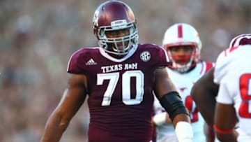 Sep 21, 2013; College Station, TX, USA; Texas A&M Aggies offensive tackle Cedric Ogbuehi (70) against the SMU Mustangs at Kyle Field. Mandatory Credit: Mark J. Rebilas-USA TODAY Sports