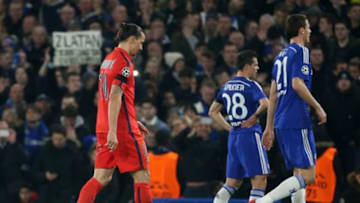 LONDON, ENGLAND - MARCH 11: Zlatan Ibrahimovic of PSG leaves the field after being sent off with a red card by referee Bjorn Kuipers during the UEFA Champions League Round of 16, second leg match between Chelsea FC and Paris Saint-Germain FC at Stamford Bridge stadium on March 11, 2015 in London, England. (Photo by Jean Catuffe/Getty Images)