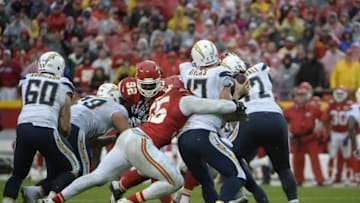 Dec 13, 2015; Kansas City, MO, USA; Kansas City Chiefs linebacker Dee Ford (55) sacks San Diego Chargers quarterback Philip Rivers (17) in the second half at Arrowhead Stadium. Kansas City won the game 10-3. Mandatory Credit: John Rieger-USA TODAY Sports