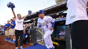 KANSAS CITY, MO - APRIL 3: Ned Yost #3 manager of the Kansas City Royals runs onto the field as he is introduced prior to a game against the New York Mets on opening day at Kauffman Stadium on April 3, 2016 in Kansas City, Missouri. (Photo by Ed Zurga/Getty Images)