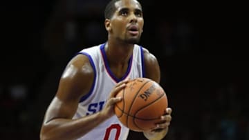 Oct 8, 2014; Philadelphia, PA, USA; Philadelphia 76ers forward Brandon Davies (0) at the foul line during the second half at the Wells Fargo Center. The 76ers defeated the Hornets 106-92. Mandatory Credit: Bill Streicher-USA TODAY Sports