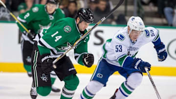 Nov 27, 2015; Dallas, TX, USA; Dallas Stars left wing Jamie Benn (14) and Vancouver Canucks center Bo Horvat (53) in action during the game at the American Airlines Center. The Stars defeat the Canucks 3-2 in the overtime shootout. Mandatory Credit: Jerome Miron-USA TODAY Sports