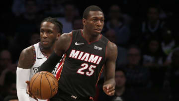 NEW YORK, NEW YORK - JANUARY 10: (NEW YORK DAILIES OUT) Kendrick Nunn #25 of the Miami Heat in action against the Brooklyn Nets at Barclays Center on January 10, 2020 in New York City. The Nets defeated the Heat 117-113.NOTE TO USER: User expressly acknowledges and agrees that, by downloading and or using this photograph, User is consenting to the terms and conditions of the Getty Images License Agreement. (Photo by Jim McIsaac/Getty Images)