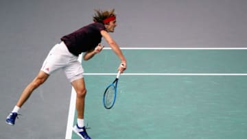 PARIS, FRANCE - NOVEMBER 01: Alexander Zverev of Germany serves against Robin Haase of the Netherlands during Day 3 of the Rolex Paris Masters held at the AccorHotels Arena on November 1, 2017 in Paris, France. (Photo by Dean Mouhtaropoulos/Getty Images)