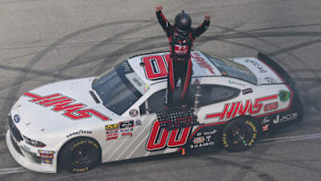 JOLIET, ILLINOIS - JUNE 29: Cole Custer, driver of the #00 Haas Automation Ford, celebrates after winning the NASCAR Xfinity Series Camping World 300 at Chicagoland Speedway on June 29, 2019 in Joliet, Illinois. (Photo by Matt Sullivan/Getty Images)