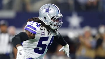 ARLINGTON, TEXAS - OCTOBER 20: Jaylon Smith #54 of the Dallas Cowboys celebrates tackling Carson Wentz #11 of the Philadelphia Eagles (not pictured) during the first half in the game at AT&T Stadium on October 20, 2019 in Arlington, Texas. (Photo by Tom Pennington/Getty Images)
