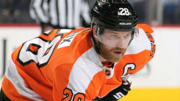 PHILADELPHIA, PA - JANUARY 21: Claude Giroux #28 of the Philadelphia Flyers looks on against the Pittsburgh Penguins on January 21, 2020 at the Wells Fargo Center in Philadelphia, Pennsylvania. (Photo by Len Redkoles/NHLI via Getty Images)