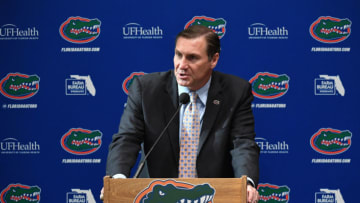 GAINESVILLE, FL - NOVEMBER 27: Florida Gators head football coach Dan Mullen speaks during an introductory press conference at the Bill Heavener football complex on November 27, 2017 in Gainesville, Florida. (Photo by Rob Foldy/Getty Images)