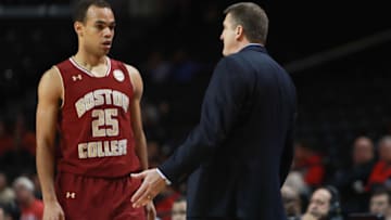 NEW YORK, NY - NOVEMBER 26: Jordan Chatman #25 of the Boston College Eagles talks with head coach Jim Christian of the Boston College Eagles against the Richmond Spiders in the second half during the consolation game of the Barclays Center Classic at Barclays Center on November 26, 2016 in the Brooklyn borough of New York City. (Photo by Michael Reaves/Getty Images)