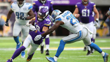 MINNEAPOLIS, MN - NOVEMBER 6: Adam Thielen #19 of the Minnesota Vikings runs into Johnson Bademosi #29 of the Detroit Lions during the second half of the game on November 6, 2016 at US Bank Stadium in Minneapolis, Minnesota. (Photo by Adam Bettcher/Getty Images)