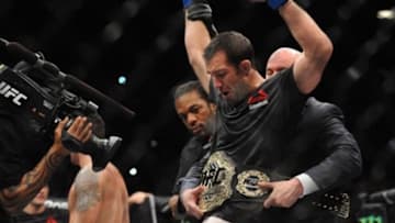 December 12, 2015; Las Vegas, NV, USA; Luke Rockhold is declared the winner and wins the championship against Chris Weidman during UFC 194 at MGM Grand Garden Arena. Mandatory Credit: Gary A. Vasquez-USA TODAY Sports