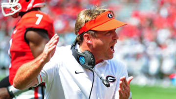 ATHENS, GA - SEPTEMBER 10: Georgia football head Coach Kirby Smart explains a play during the game against the Nicholls Colonels at Sanford Stadium on September 10, 2016 in Athens, Georgia. (Photo by Scott Cunningham/Getty Images)
