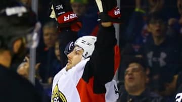 Dec 18, 2016; Brooklyn, NY, USA; Ottawa Senators center Derek Brassard (19) celebrates after scoring a goal against the New York Islanders during the third period at Barclays Center. The Senators won 6-2. Mandatory Credit: Andy Marlin-USA TODAY Sports