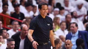 Head coach Erik Spoelstra of the Miami Heat reacts against the Philadelphia 76ers(Photo by Michael Reaves/Getty Images)