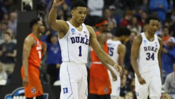 OMAHA, NE - MARCH 23: Trevon Duval #1 of the Duke Blue Devils celebrates after defeating the Syracuse Orange in the 2018 NCAA Men's Basketball Tournament Midwest Regional at CenturyLink Center on March 23, 2018 in Omaha, Nebraska. (Photo by Jamie Squire/Getty Images)
