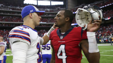 Oct 14, 2018; Houston, TX, USA; Houston Texans quarterback Deshaun Watson (4) speaks with Buffalo Bills quarterback Josh Allen (17) after the game at NRG Stadium. Mandatory Credit: Kevin Jairaj-USA TODAY Sports