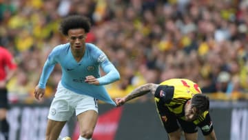 LONDON, ENGLAND - MAY 18: Leroy Sane of Man City has his shirt pulled by Kiko Femenia of Watford during the FA Cup Final match between Manchester City and Watford at Wembley Stadium on May 18, 2019 in London, England. (Photo by Mark Leech/Offside/Getty Images)
