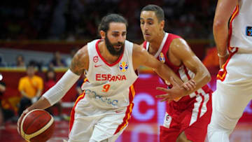 GUANGZHOU, CHINA - AUGUST 31: Ricky Rubio #9 of Spain in action during FIBA World Cup 2019 group match between Spain and Tunisia at Guangzhou Gymnasium on August 31, 2019 in Guangzhou, Guangdong Province of China. (Photo by VCG/VCG via Getty Images)