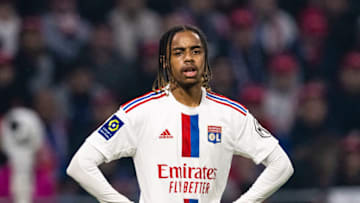 LYON, FRANCE - APRIL 23: Bradley Barcola of Lyon during the Ligue 1 match between Olympique Lyonnais and Olympique de Marseille at Groupama Stadium on April 23, 2023 in Lyon, France. (Photo by Marcio Machado/Eurasia Sport Images/Getty Images)