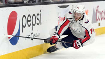 LAS VEGAS, NV - JUNE 07: John Carlson #74 of the Washington Capitals attempts to control the puck against the Vegas Golden Knights during the first period in Game Five of the 2018 NHL Stanley Cup Final at T-Mobile Arena on June 7, 2018 in Las Vegas, Nevada. (Photo by Harry How/Getty Images)
