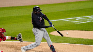 CHICAGO, ILLINOIS - AUGUST 09: Franmil Reyes #32 of the Cleveland Indians hits an RBI double during the eighth inning of a game against the Chicago White Sox on August 09, 2020 in Chicago, Illinois. (Photo by Nuccio DiNuzzo/Getty Images)
