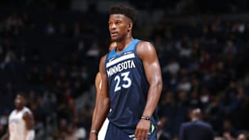 MINNEAPOLIS, MN - DECEMBER 3: Jimmy Butler #23 of the Minnesota Timberwolves looks on during the game LA Clippers on December 3, 2017 at Target Center in Minneapolis, Minnesota. NOTE TO USER: User expressly acknowledges and agrees that, by downloading and or using this Photograph, user is consenting to the terms and conditions of the Getty Images License Agreement. Mandatory Copyright Notice: Copyright 2017 NBAE (Photo by David Sherman/NBAE via Getty Images)