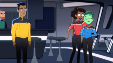 Pictured (L-R): Eugene Cordero as Ensign Rutherford, Tawny Newsome as Ensign Beckett Mariner and Noel Wells as Ensign Tendi of the CBS All Access series STAR TREK: LOWER DECKS. Photo Cr: Best Possible Screen Grab CBS 2020 CBS Interactive, Inc. All Rights Reserved.