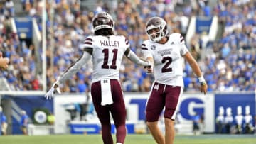 Sep 18, 2021; Memphis, Tennessee, USA; Mississippi State Bulldogs quarterback Will Rogers (2) and wide receiver Jaden Walley (11) celebrate during the first half after a touchdown against the Memphis Tigers at Liberty Bowl Memorial Stadium. Mandatory Credit: Justin Ford-USA TODAY Sports