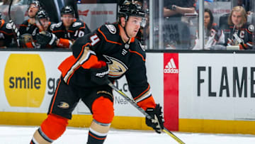 ANAHEIM, CA - APRIL 1: Cam Fowler #4 of the Anaheim Ducks skates with the puck during the first period of the game against the Colorado Avalanche at Honda Center on April 1, 2018 in Anaheim, California. (Photo by Debora Robinson/NHLI via Getty Images) *** Local Caption ***