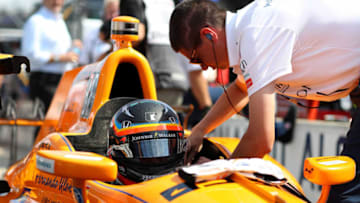 INDIANAPOLIS, IN - MAY 26: Fernando Alonso of Spain, driver of the #29 Chandon Honda prepares to drive during Carb day for the 101st Indianapolis 500 at Indianapolis Motorspeedway on May 26, 2017 in Indianapolis, Indiana. (Photo by Chris Graythen/Getty Images)