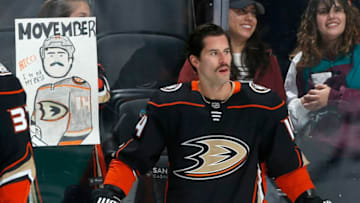 ANAHEIM, CA - NOVEMBER 01: Adam Henrique #14 of the Anaheim Ducks in warm-ups prior to the game against the Vancouver Canucks at Honda Center on November 1, 2019 in Anaheim, California. (Photo by Debora Robinson/NHLI via Getty Images)