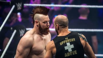 Sheamus (L) faces Cesaro during the WWE show at Zenith Arena on May 10, 2017 in Lille, northern France. / AFP PHOTO / PHILIPPE HUGUEN (Photo credit should read PHILIPPE HUGUEN/AFP/Getty Images)