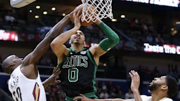 NEW ORLEANS, LA - MARCH 18: Emeka Okafor #50 of the New Orleans Pelicans blocks a shot by Jayson Tatum #0 of the Boston Celtics during the first half at the Smoothie King Center on March 18, 2018 in New Orleans, Louisiana. NOTE TO USER: User expressly acknowledges and agrees that, by downloading and or using this photograph, User is consenting to the terms and conditions of the Getty Images License Agreement. (Photo by Jonathan Bachman/Getty Images)