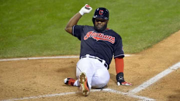 Sep 30, 2015; Cleveland, OH, USA; Cleveland Indians center fielder Abraham Almonte (35) scores a run in the second inning against the Minnesota Twins at Progressive Field. Mandatory Credit: David Richard-USA TODAY Sports