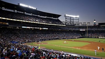 Apr 23, 2016; Atlanta, GA, USA; Atlanta Braves starting pitcher Jhoulys Chacin (43) delivers a pitch to a New York Mets batter in the fifth inning of their game at Turner Field. Mandatory Credit: Jason Getz-USA TODAY Sports