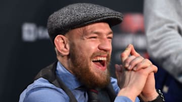BOSTON, MA - JANUARY 18: Conor McGregor of Ireland interacts with the media at the post fight press conference during the UFC Fight Night event at the TD Garden on January 18, 2015 in Boston, Massachusetts. (Photo by Jeff Bottari/Zuffa LLC/Zuffa LLC via Getty Images)