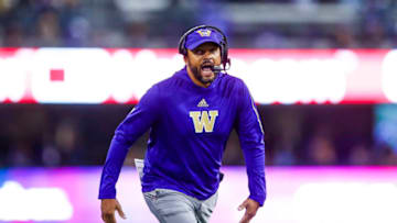Oct 16, 2021; Seattle, Washington, USA; Washington Huskies head coach Jimmy Lake calls for a timeout against the UCLA Bruins during the third quarter at Alaska Airlines Field at Husky Stadium. Mandatory Credit: Joe Nicholson-USA TODAY Sports