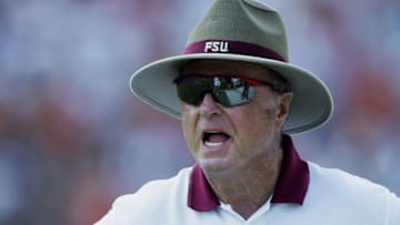 MIAMI - OCTOBER 12: Head coach Bobby Bowden of Florida State looks on as he speaks against Miami during the game on October 12, 2002 at the Orange Bowl in Miami, Florida. Miami edged Florida State 28-27. (Photo by Andy Lyons/Getty Images)