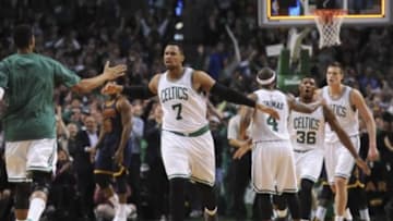 Apr 26, 2015; Boston, MA, USA; Boston Celtics forward Jared Sullinger (7) reacts after making a basket during the second half in game four of the first round of the NBA Playoffs against the Cleveland Cavaliers. at TD Garden. Mandatory Credit: Bob DeChiara-USA TODAY Sports