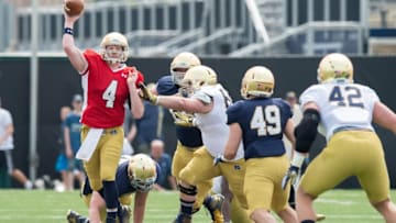 Apr 18, 2015; Notre Dame, IN, USA; Notre Dame Fighting Irish quarterback Montgomery VanGorder (4) throws in the fourth quarter of the Blue-Gold Game at the LaBar Practice Complex. Mandatory Credit: Matt Cashore-USA TODAY Sports