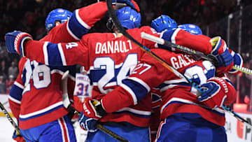 MONTREAL, QC - OCTOBER 28: Phillip Danault #24, Brendan Gallagher #11 and Alex Galchenyuk #27 of the Montreal Canadiens celebrate a goal against Ondrej Pavelec #31of the New York Rangers in the NHL game at the Bell Centre on October 28, 2017 in Montreal, Quebec, Canada. (Photo by Francois Lacasse/NHLI via Getty Images) *** Local Caption ***