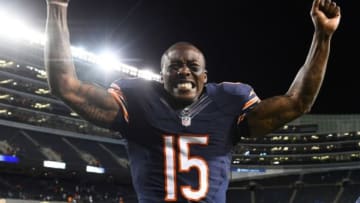 Aug 14, 2014; Chicago, IL, USA; Chicago Bears wide receiver Brandon Marshall (15) reacts after the preseason game at Soldier Field. Chicago Bears defeats the Jacksonville Jaguars 20-19. Mandatory Credit: Mike DiNovo-USA TODAY Sports