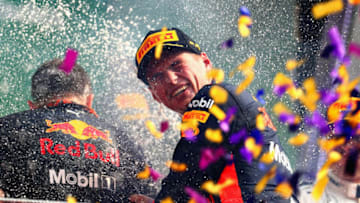 MEXICO CITY, MEXICO - OCTOBER 29: Race winner Max Verstappen of Netherlands and Red Bull Racing celebrates on the podium during the Formula One Grand Prix of Mexico at Autodromo Hermanos Rodriguez on October 29, 2017 in Mexico City, Mexico. (Photo by Clive Rose/Getty Images)